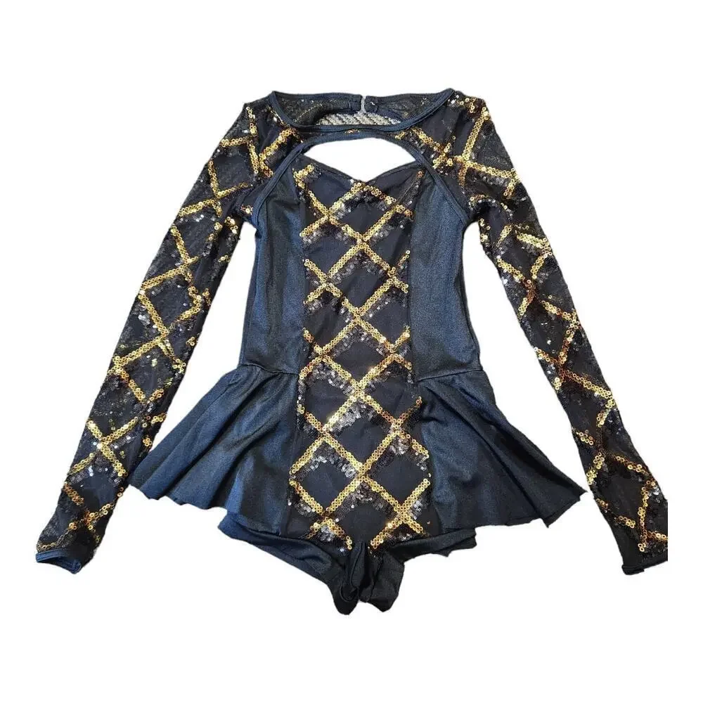 Weissman sz MA black gold sequin one piece long sleeve biketard dance ballet